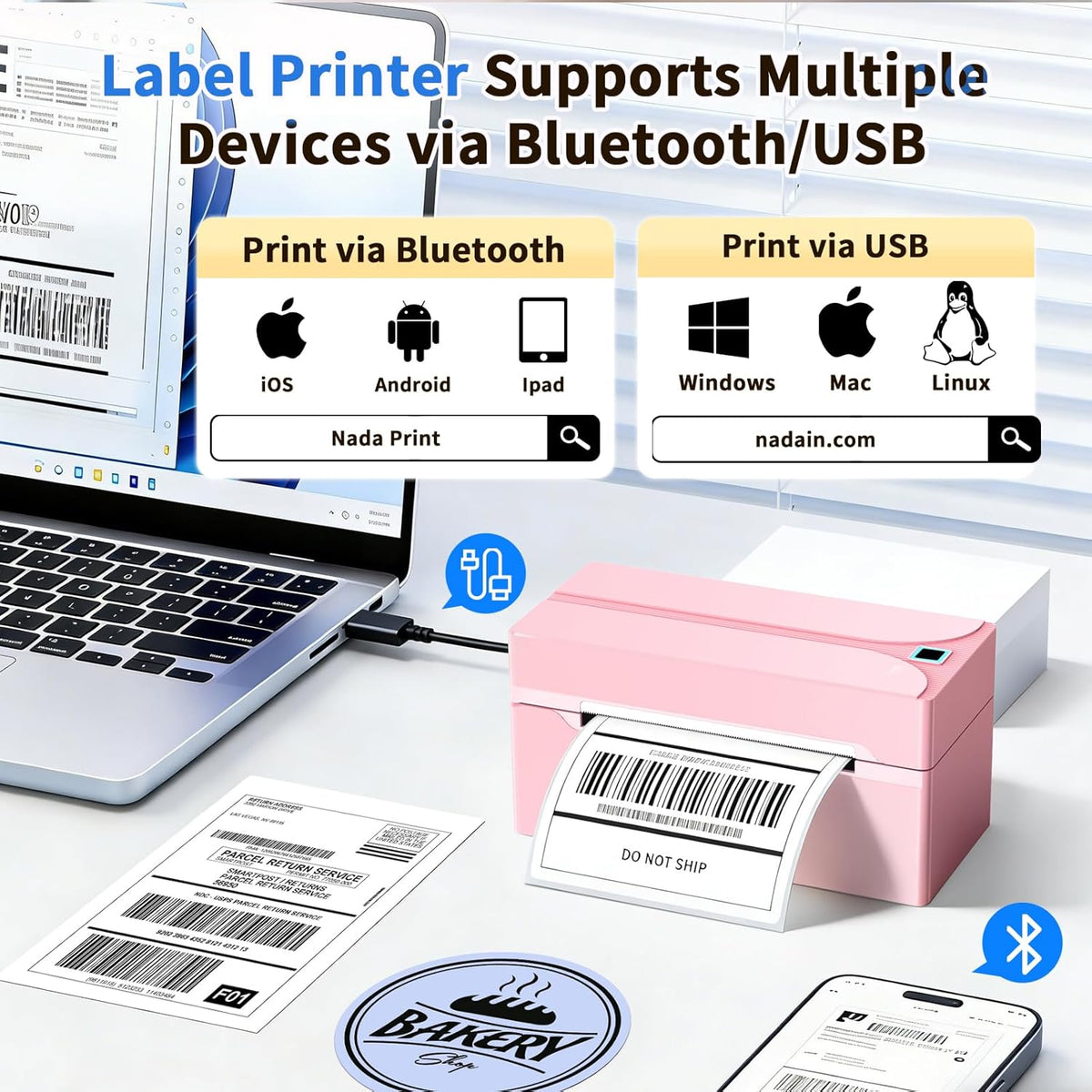 Bluetooth Thermal Label Printer,4X6 Shipping Label Printer | Wireless Label Printer for Small Business and Shipping Package, Compatible with Iphone, Android, Shopify, Amazon, USPS, Pink