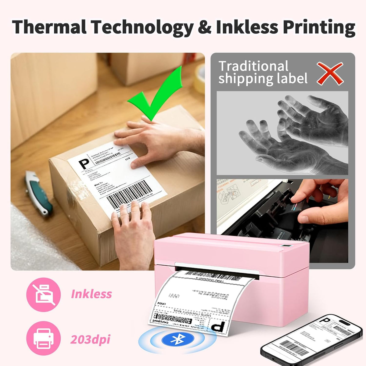 Bluetooth Thermal Label Printer,4X6 Shipping Label Printer | Wireless Label Printer for Small Business and Shipping Package, Compatible with Iphone, Android, Shopify, Amazon, USPS, Pink