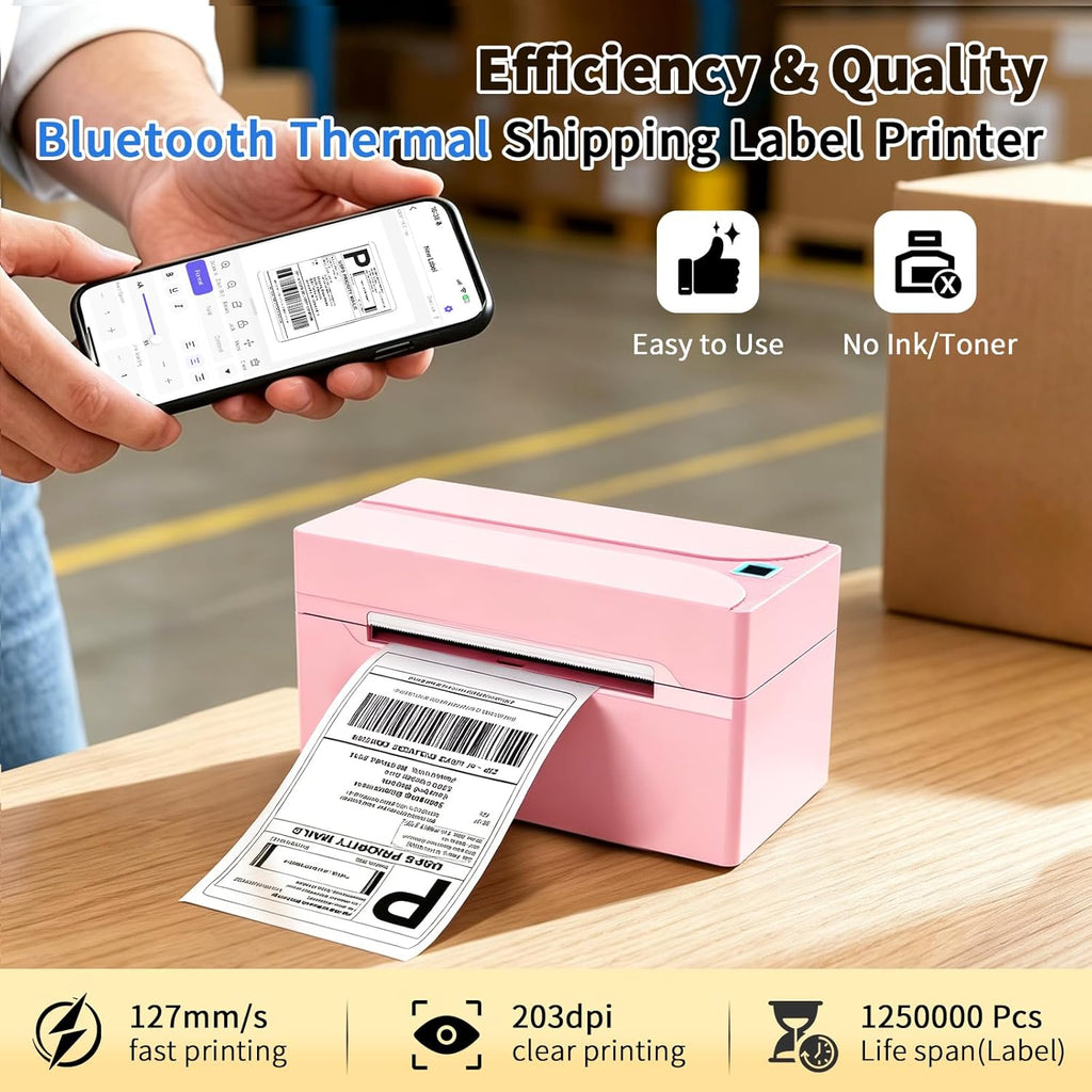 Bluetooth Thermal Label Printer,4X6 Shipping Label Printer | Wireless Label Printer for Small Business and Shipping Package, Compatible with Iphone, Android, Shopify, Amazon, USPS, Pink
